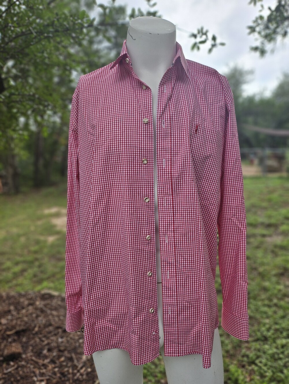 Almsach XL Basic Fit, Red White Gingham Checkered Cotton Shirt Stag Logo XL
